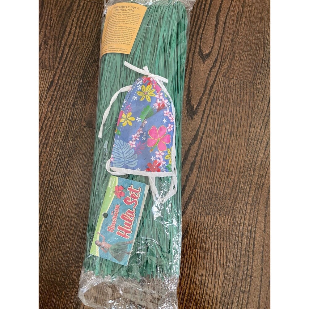 Hawaiian Junior Hula Set Grass Skirt 22" Waist 20" Length w/ Floral Bikini Top